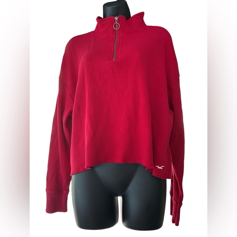 Hollister Red Waffle Knit quarter zip cropped pullover sweater size medium